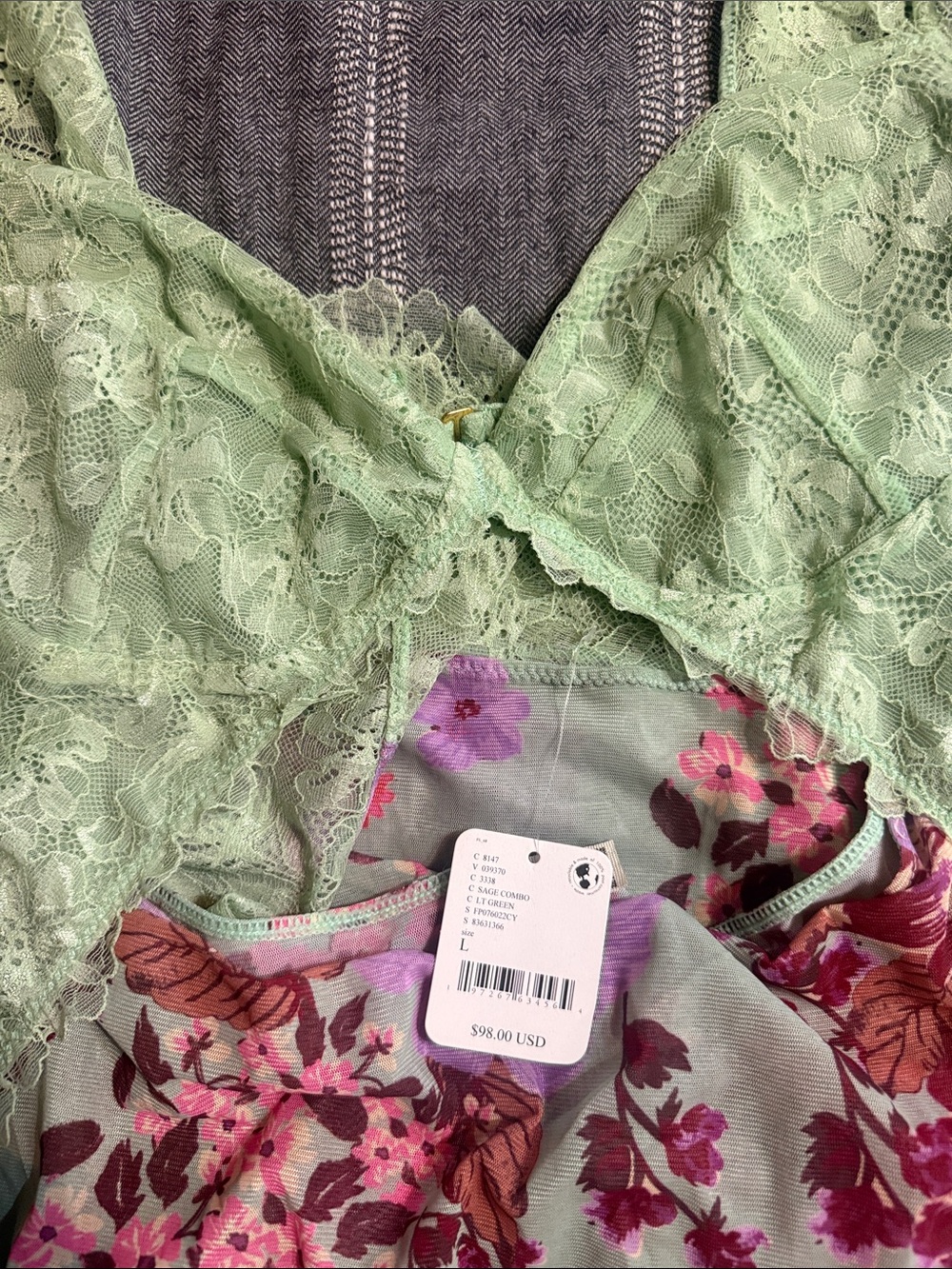 Free people, intimately, sage, combo Lace Floral Slip Dress. NWT